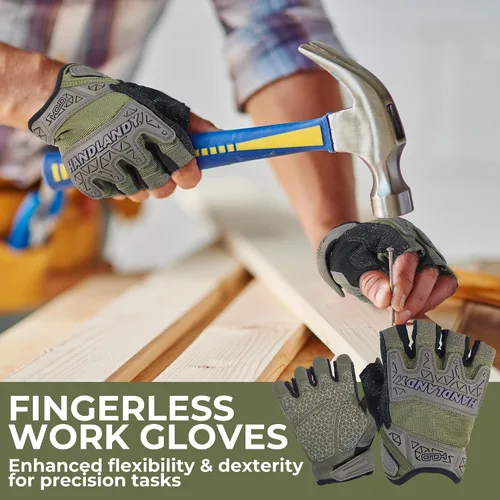 Vista 5 de HANDLANDY Guantes tácticos de impacto sin dedos para hombre, guantes de trabajo con agarre acolchado de medio dedo, guantes de conductor de Verde