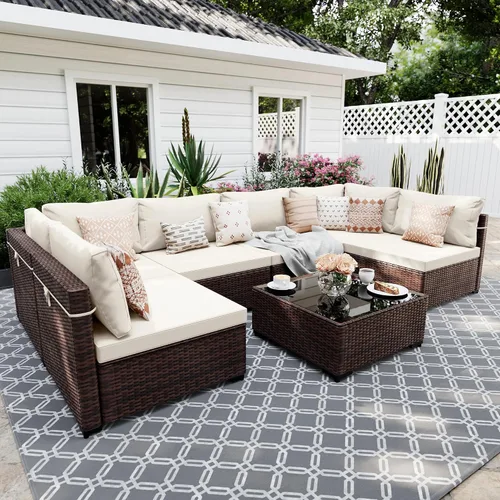 Vista 8 de UPHA Juego de muebles de mimbre para patio de 5 piezas con mesa auxiliar Cojín de ratán marrón y beige