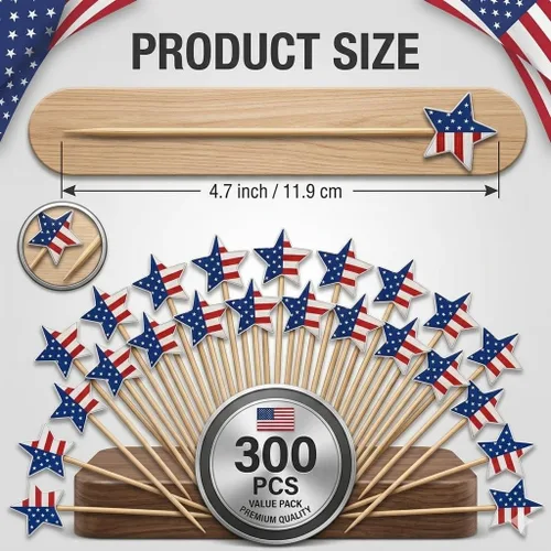 Vista 2 de 300 púas de cóctel de bandera estadounidense, brochetas de bambú de estrella de 4.7 pulgadas para aperitivos de frutas, suministros de fiesta