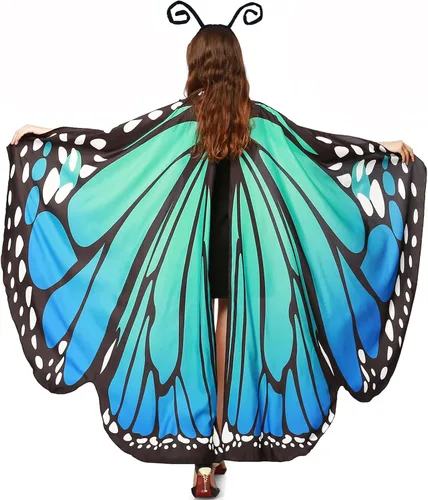 Vista 4 de GRAJTCIN Chal de alas de mariposa para mujer, 3 piezas, disfraz de hada de Halloween, capa festiva con antenas y máscara