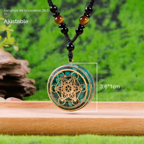 Vista 5 de Day Day Up Collar de orgonita - Colgante giratorio Sri Yantra para antiestrés, ansiedad y meditación - Piedra de malaquita y ojo de tigre