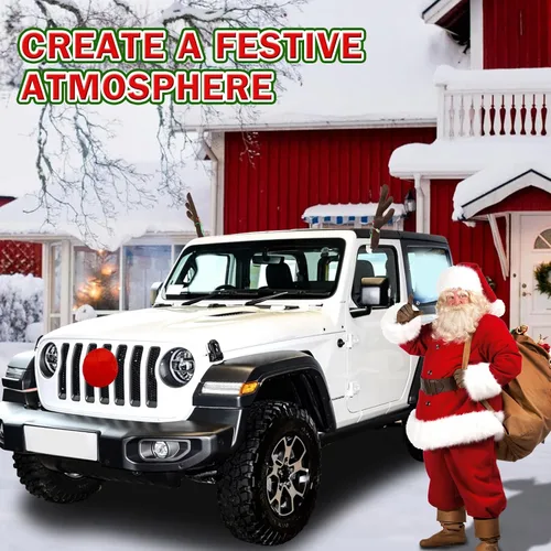 Vista 2 de Cornamenta de Reno de Navidad para Autos - Lindo Kit de Nariz y Cuernos de Rudolph para Auto - Decoraciones de Techos de Navidad para SUV Camioneta