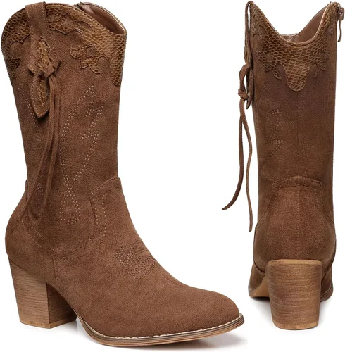 Vista 5 de SHIBEVER Botas vaqueras vaqueras para mujer botas de tacón alto Western Country Botas de gamuza con cremallera a media pantorrilla