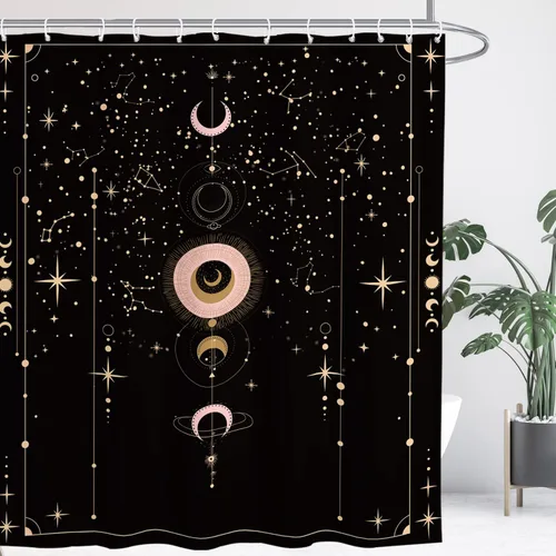 Vista 2 de Cortina de ducha gótica del zodiaco con fases lunares, constelación, astrología, galaxia, misteriosa, tarot, bruja, estética, 60 pulgadas de ancho