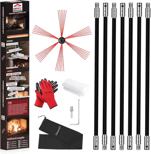 Vista 10 de Kit de limpieza de chimeneas de 16 pies, kit de limpieza de chimenea con 5 varillas de chimenea flexibles de nailon negro, sistema de limpieza