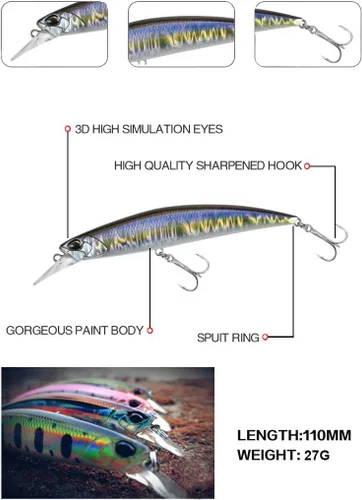 Vista 3 de Juego de 3 señuelos de pesca iridiscentes de pececillos – cebos de baño de 5 pulgadas, fundición ultra larga, plástico de alto índice, multicolor