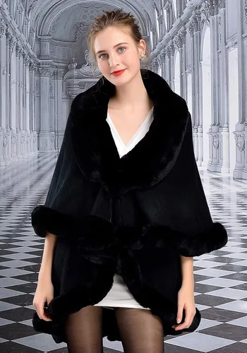 Vista 2 de SUFCOMOU Women Poncho Cape Faux Fur Shawl Wrap Winter Faux Fur Trim Coat Sleeveless Cardigan Dressy Cloak