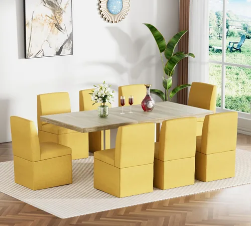 Vista 19 de Juego de mesa de comedor extensible para mesa de cocina extensible de 4, 5 piezas y 4 sillas de almacenamiento ocultas de lino tapizadas de madera
