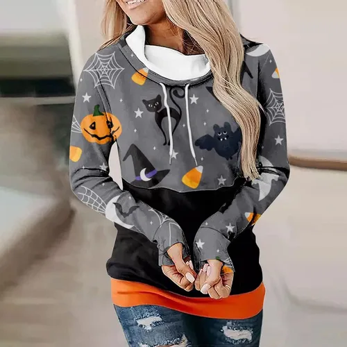 Vista 2 de UODSVP Disfraz de Halloween para mujer casual estampado de moda manga larga cuello redondo sudadera con capucha