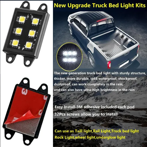 Vista 4 de Kit de luz LED para caja de camión, 48 luces LED blancas, kit de iluminación para caja de trabajo trasera, luces de riel, luz de roca de marcador