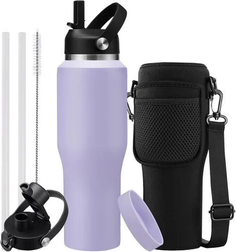 Vista 32 de Botella de agua de acero inoxidable de 32 onzas, frío-48 horas y caliente-24 horas, termo con popote y tapas de boquilla, bolsa, botella aislada al