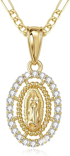 Vista 2 de Regalo católico, collar de Virgen María para mujer, chapado en oro de 14 quilates, collar con colgante de Guadalupe Madre María, circonita cúbica