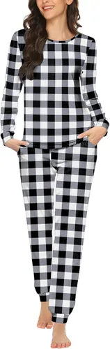Vista 48 de Ekouaer - Conjunto de pijama de manga larga para mujer, ropa de dormir suave con cuello redondo y bolsillos, conjuntos de ropa de descanso Negro