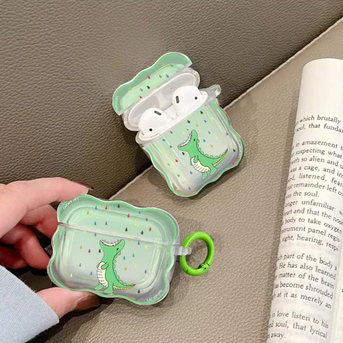 Vista 2 de Funda compatible con Airpods de dinosaurio, bonita funda con llavero para mujeres y niñas, funda protectora de dibujos animados Kawaii de silicona