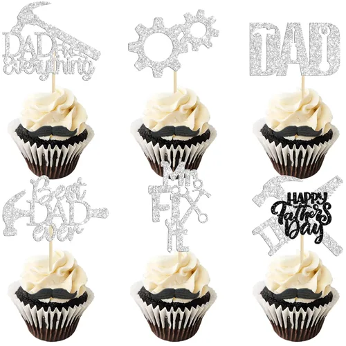 Vista 26 de Gyufise 24 piezas de decoración para cupcakes con bigote con purpurina negra del mundo para el mejor papá del mundo, decoraciones para el Día
