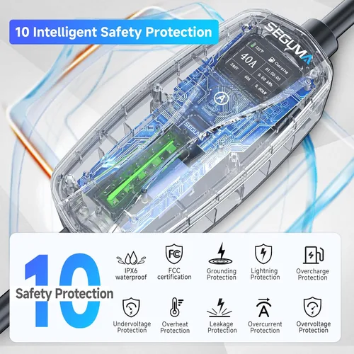 Vista 7 de SEGUMA Cargador EV de Nivel 2, Cargadores de Coche Eléctrico de 40 Amperios, Cable de 25 Pies con Enchufe NEMA 14-50, Corriente Ajustable, Retardo
