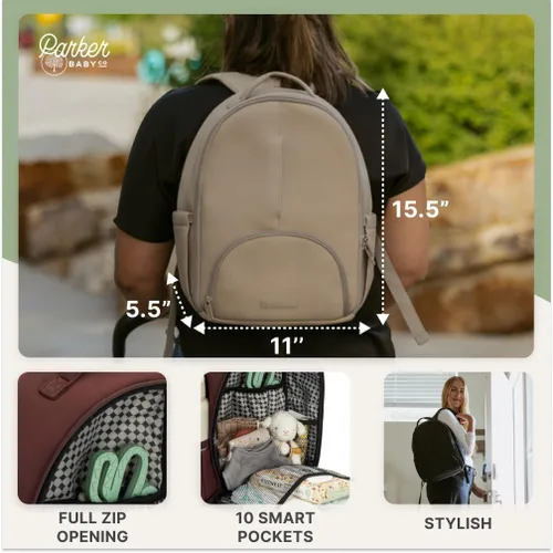 Vista 4 de Parker Baby Drift Mochila de neopreno Lite Pequeña mochila de neopreno para pañales con bolsillos aislados y correas para cochecito, Negro, Moderno