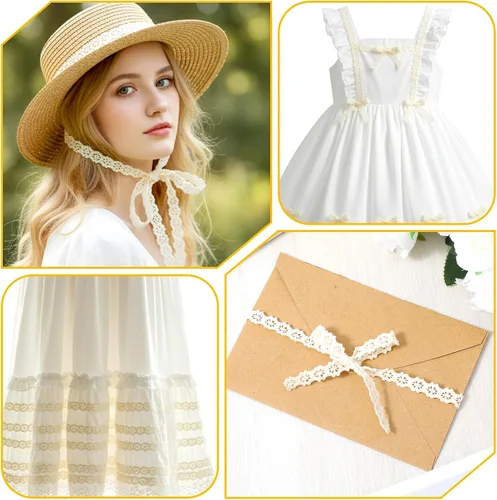 Vista 7 de 20 yardas de encaje para coser, encaje de algodón beige, adornos de cordones para coser, adornos de cinta de algodón para manualidades, envoltura