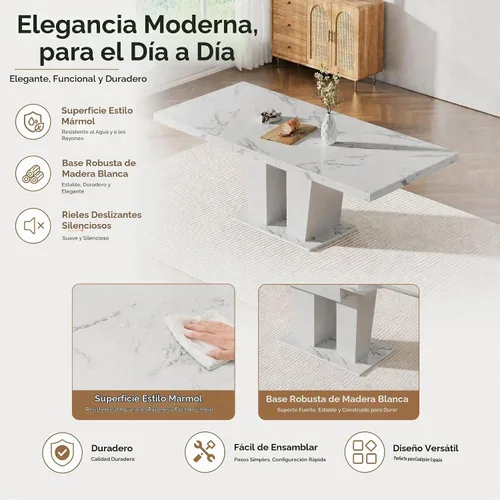 Vista 4 de HomVent - Juego de mesa de comedor extensible de mármol sintético blanco para 4 63"-79" Extendable Dining Room Table Set with 4 Velvet Chairs