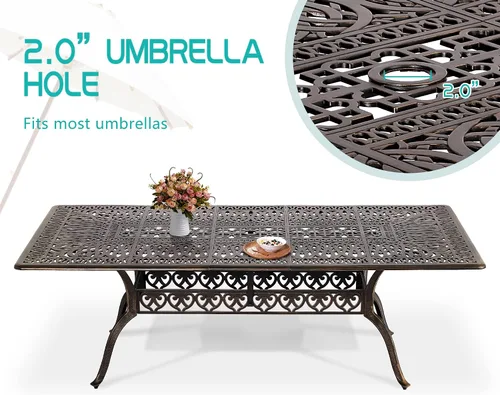 Vista 7 de TITIMO Mesa de comedor de 87 pulgadas, mesa de comedor rectangular de aluminio fundido para exteriores, mesa resistente a la intemperie con agujero