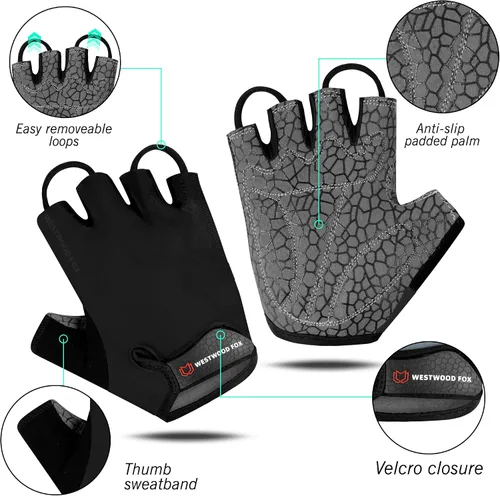 Vista 2 de WESTWOOD FOX Guantes de ciclismo de medio dedo, unisex, acolchados, para la palma de la mano, guantes de ciclismo de MTB para hombres y mujeres