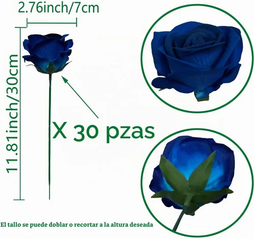 Vista 2 de FagusHome 30 piezas de rosas artificiales de seda a granel, flores falsas, cabezas de rosas con tallos para decoración del hogar y boda (azul oscuro)