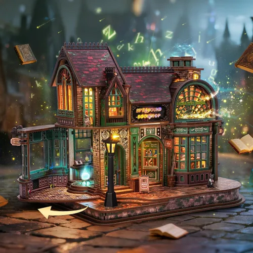 Vista 2 de FUNPOLA - Rompecabezas de madera 3D con luces LED, kit en miniatura de bricolaje, librería hechizada, exhibición de decoración del hogar, regalo