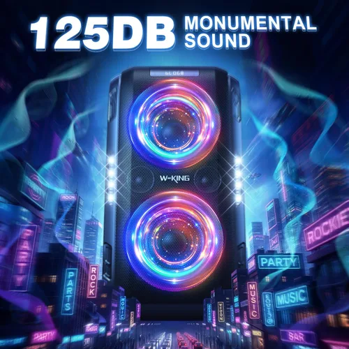 Vista 4 de W-KING 270W PEAK Altavoz de Fiesta Grande Bluetooth Más Fuerte/12 Graves Personalizados/Subwoofer Masivo de 125dB 6.5''x2 con Graves Profundos, Gran