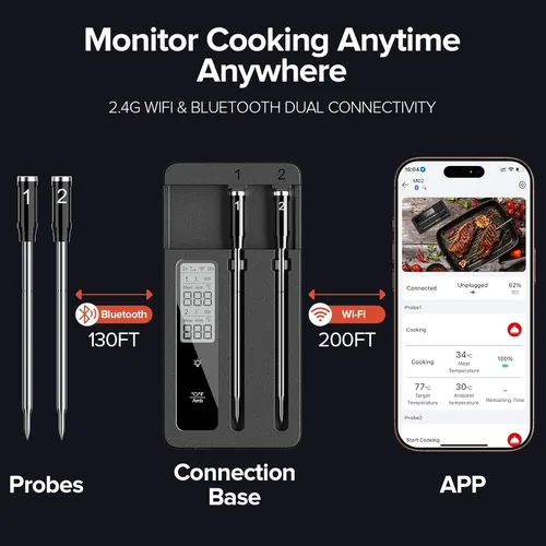 Vista 5 de Termómetro inalámbrico inteligente para carne, 2 sondas, base WiFi con Gris