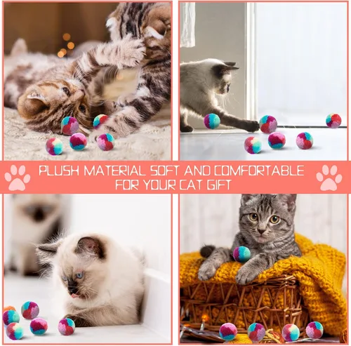 Vista 7 de TIESOME Kit de juguetes para gatos arcoíris - 20 bolas suaves con pompones para jugar y hacer ejercicio en interiores
