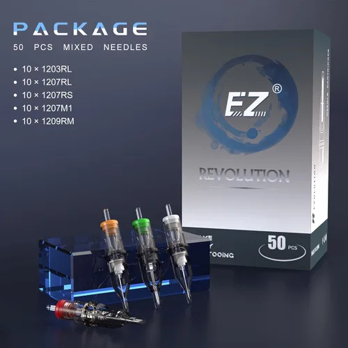 Vista 2 de EZ - 50 agujas de cartucho de tatuaje surtidas #12 (3RL 7RL 7RS 7M1 9RM) Cartuchos de aguja de tatuaje estándar para tatuar suministros de máquina