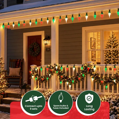Vista 6 de Juego de luces centelleantes y parpadeantes de Navidad con punta de llama - 8 de 50 luces parpadeantes – 50 bombillas mini rojas, verdes