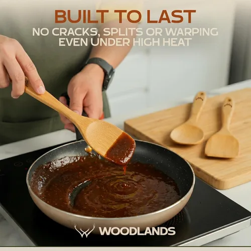 Vista 8 de Prime - Juego de 3 cucharas de madera de bambú para cocinar, utensilios de cocina de madera con mango largo, incluye cuchara plana de madera