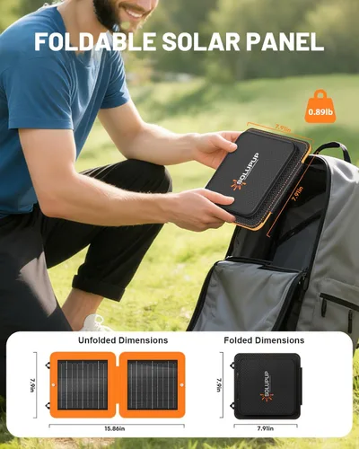 Vista 4 de SOLUPUP Paneles Solares, Cargador Solar Pequeño de 10W con USB-A de 5V y USB-C de Carga Rápida IPX5 Impermeable Plegable Panel Solar Portátil