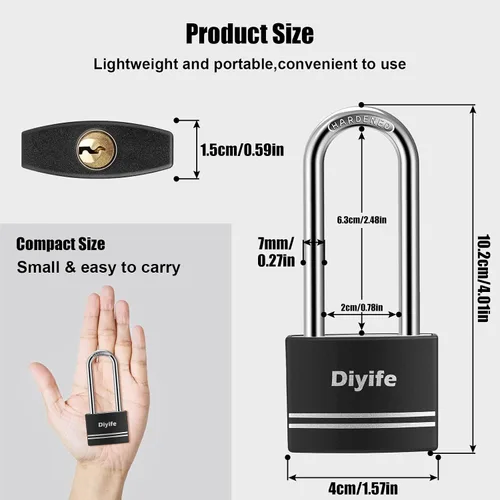 Vista 5 de Diyife [Versión mejorada] Candado de aluminio con llave - Candado de grillete largo impermeable con 2 llaves para escuela, casillero de gimnasio