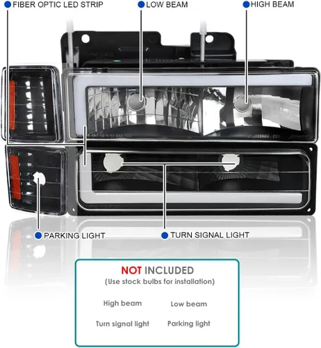 Vista 4 de SPEC-D TUNING Luces delanteras negras + luces de giro + luces de parachoques con tubo LED. Compatible con Chevy C10 C/K Tahoe Suburban de 1994-1998