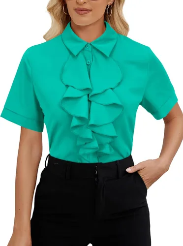 Vista 16 de Vrtige Women's Ruffle Front Collar Neck Button Down Short Sleeve Blouse Shirt Top