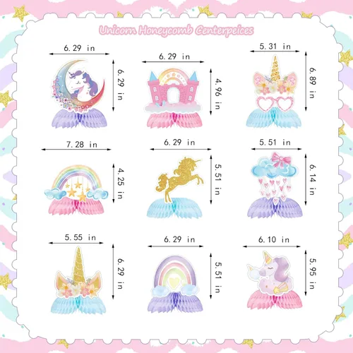 Vista 2 de Decoraciones de cumpleaños de unicornio, 9 piezas de centro de mesa de unicornio arcoíris con panal de abeja, decoraciones de mesa para niños