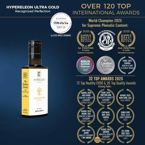 Vista 3 de HYPERELEON ULTRA GOLD Premium, orgánico, sumamente rico en polifenoles, aceite de oliva virgen extra griego 100% puro y natural Bio y sin