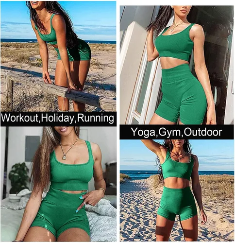 Vista 4 de TWFRHC - Conjunto de entrenamiento para mujer, acanalado, de 2 piezas, sin costuras, cintura alta, atuendo para gimnasio, pantalones cortos de yoga
