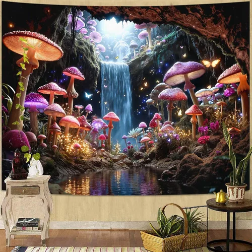 Vista 36 de Zussun Tapiz de hongo rojo, tapices de luna y estrella para dormitorio, estética de color beige, noche estrellada, planta verde, tapiz de pared