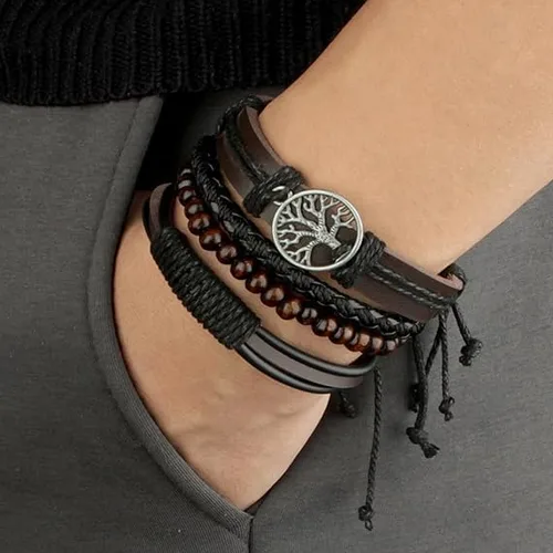 Vista 3 de JAVMOO Gothic Bracelet Adjustable Punk Braided Leather Multilayer Grunge Set Bracelets Emo Metal Cuff Wrap Bangles Meaningful Jewelry Gifts for Man