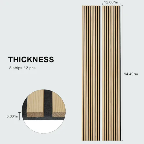 Vista 4 de ROOMTEC Paquete de 2 paneles acústicos de pared de madera maciza, paneles de pared insonorizados de 94.49 x 12.6 pulgadas, paneles de pared de Roble