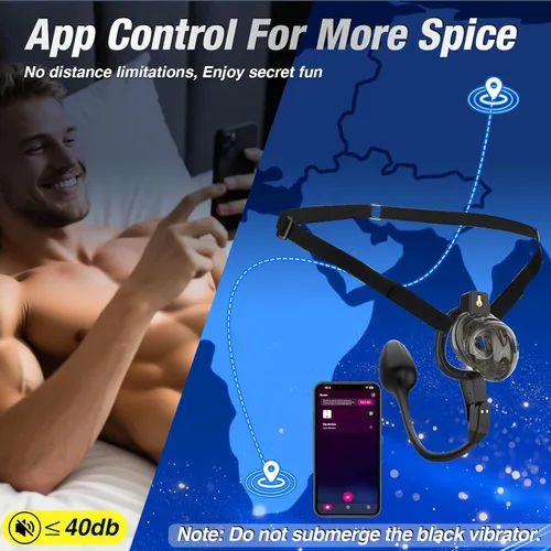 Vista 5 de Jaula de Castidad Masculina - Jaula de Pene Suave y Ligera con Anillos de 6 Tamaños, Correa Negra, Vibrador Controlado por App, Cómodo Dispositivo
