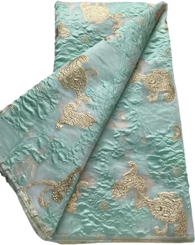 Vista 6 de Tela de encaje africano bordado francés Brocado Jacquard tejido de encaje 5 yardas de tela de encaje dorado para costura de vestido de fiesta