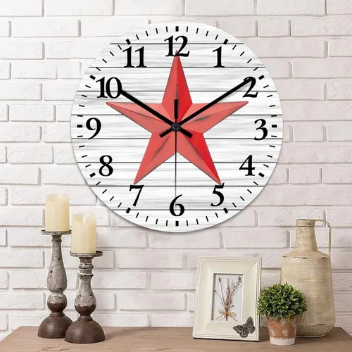 Vista 12 de Reloj de pared vintage con estrella del oeste de Texas con reloj de madera rústica sin tictac, silencioso con pilas, con números grandes, reloj