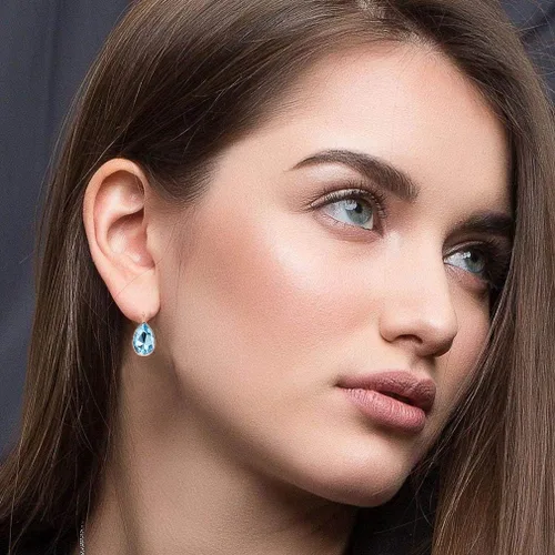 Vista 5 de Aretes colgantes de cristal Swarovski para mujer, de cierre catalán, diseño de lágrima, chapados en oro rosa de 14 quilates, joyería hipoalergénica