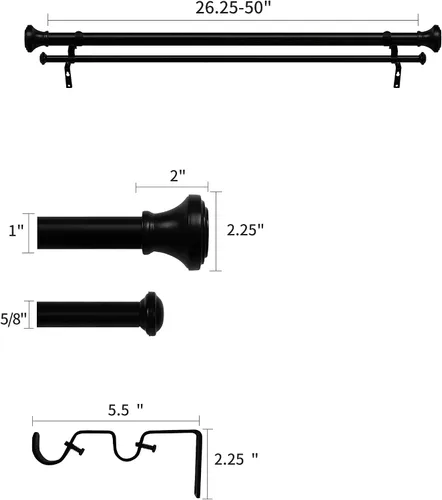 Vista 3 de Barra de cortina doble de 1 pulgada con remates de trompeta, negro, 28 a 48 pulgadas