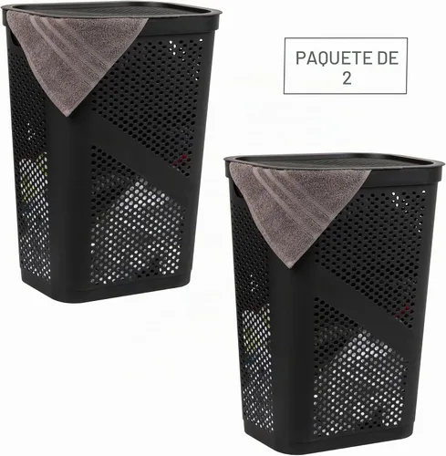 Vista 7 de Mind Reader Cesto delgado para ropa sucia con tapa, 60 L, diseño cónico para baños, armarios, plástico, juego de 2, color negro