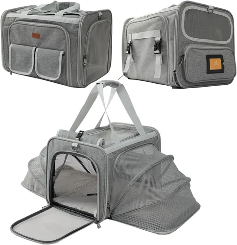 Vista 8 de Transportadores de gatos azul suave para perros, aprobado por aerolíneas, bolsa expandible para cachorros, lados blandos, expandido, bolsa de viaje